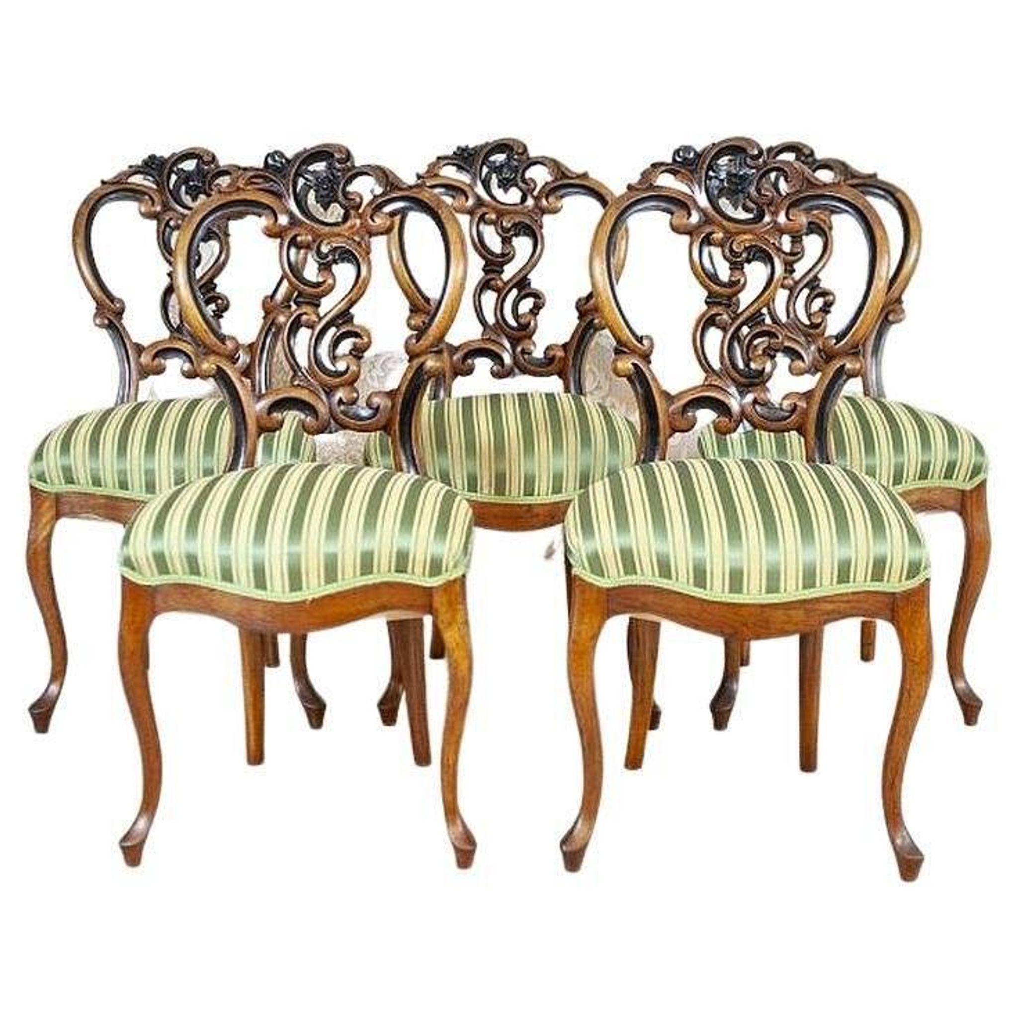 Vintage Walnut Chairs in Light Green, 1890s, Set of 5