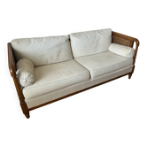 Vintage convertible wooden and cane sofa