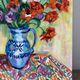 Iris and orange carnations, oil on canvas signed Gisèle Renaut.