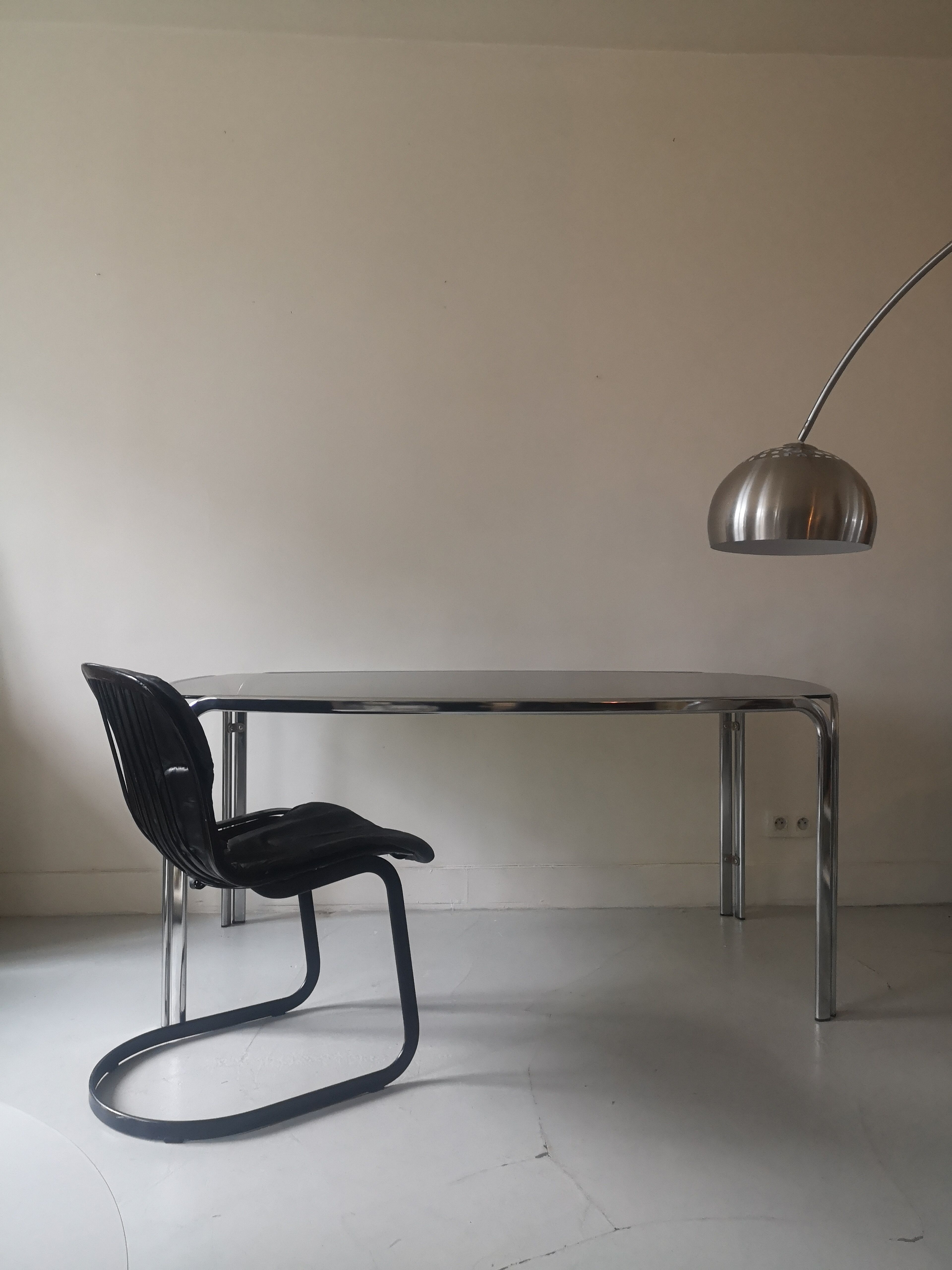 Dining table in chrome smoked glass, design 1970