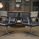 Set of 3 designer swivel metal leather office armchairs 1970