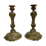 Pair of 19th century Louis XV style bronze candlesticks with arabesque rocaille candlestick