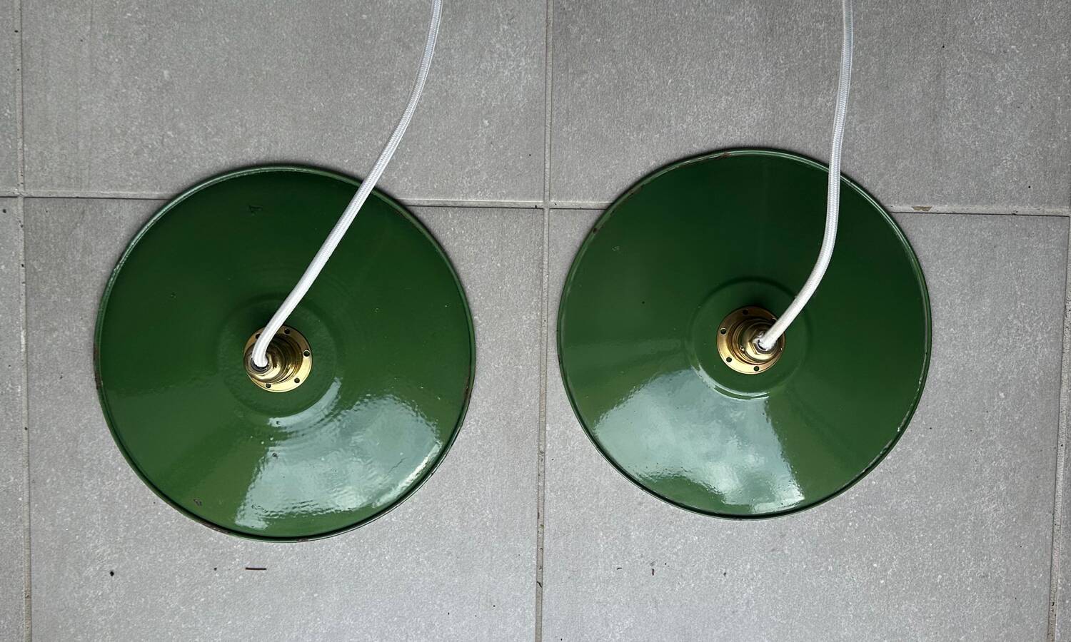 Pair of vintage lampshades, old enamelled sheet metal lampshades