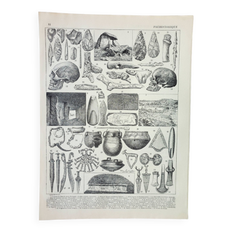 Gravure ancienne 1898, Préhistoire, archéologie • Lithographie, Planche originale