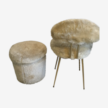 Ensemble chaise et pouf Pelfran fourrure beige dorée