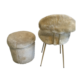 Pelfran chair and pouf set in golden beige fur
