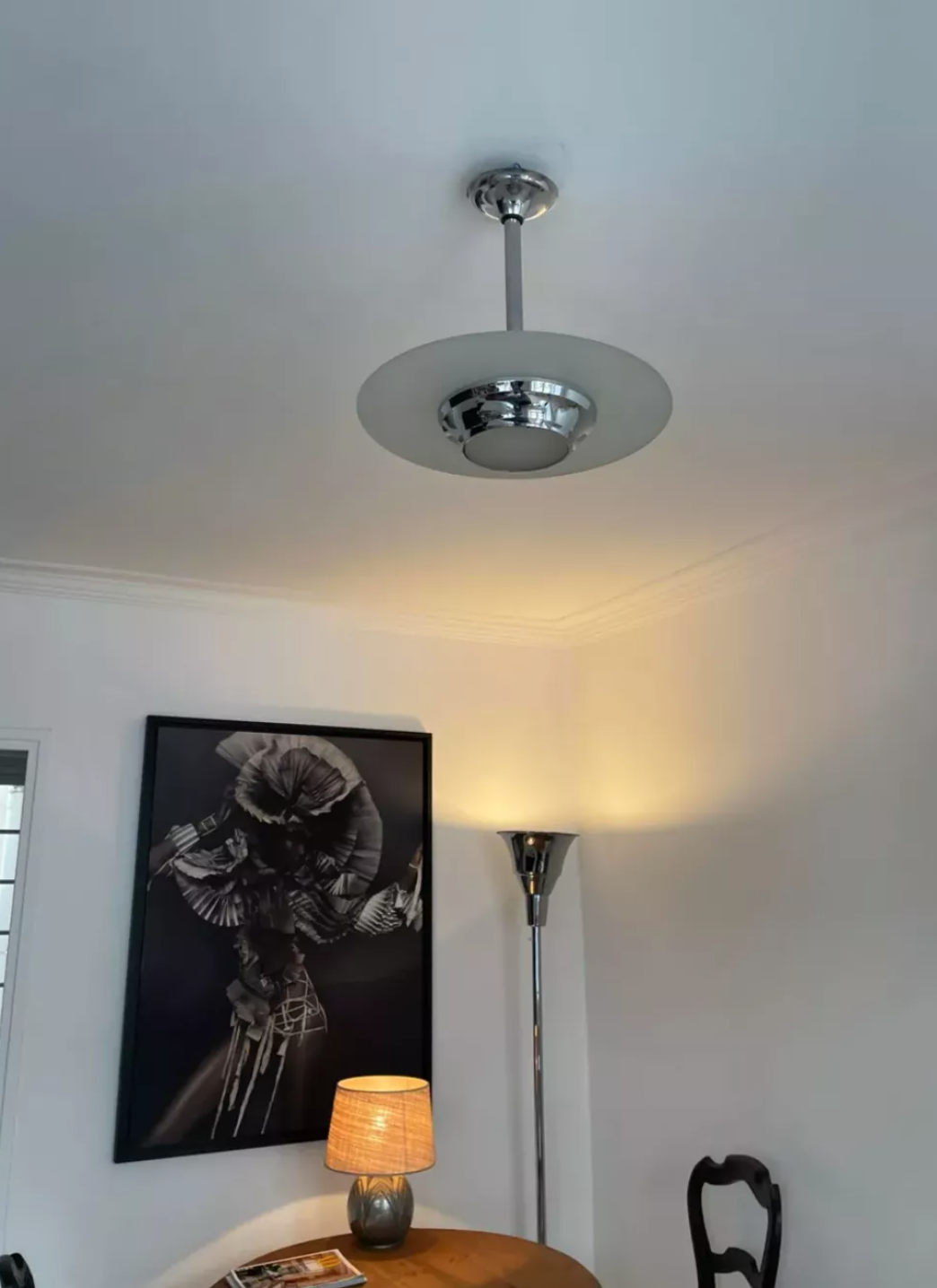 Art deco chandelier sandblasted glass and chrome France 1950
