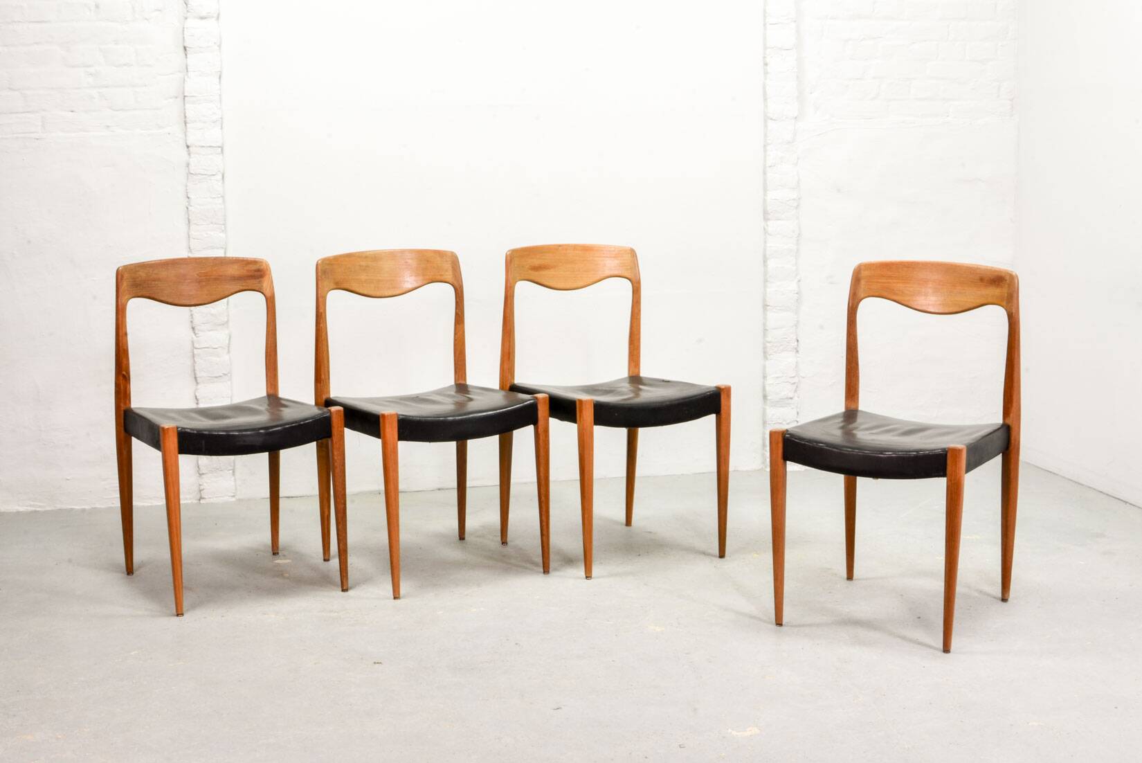 Niels Otto Moller Style Solid Teak Wood Dining Chairs with Leatherette 50s