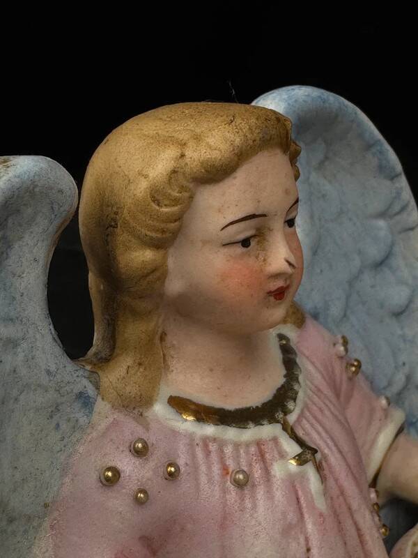 19th century polychrome plaster angel wall stoup