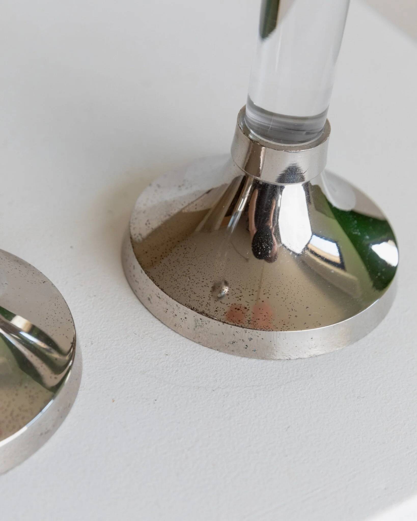 Two Vintage Candlesticks: Transparent Plexiglas & Chrome-Plated Metal, Italy 1970s Mid-Century Design