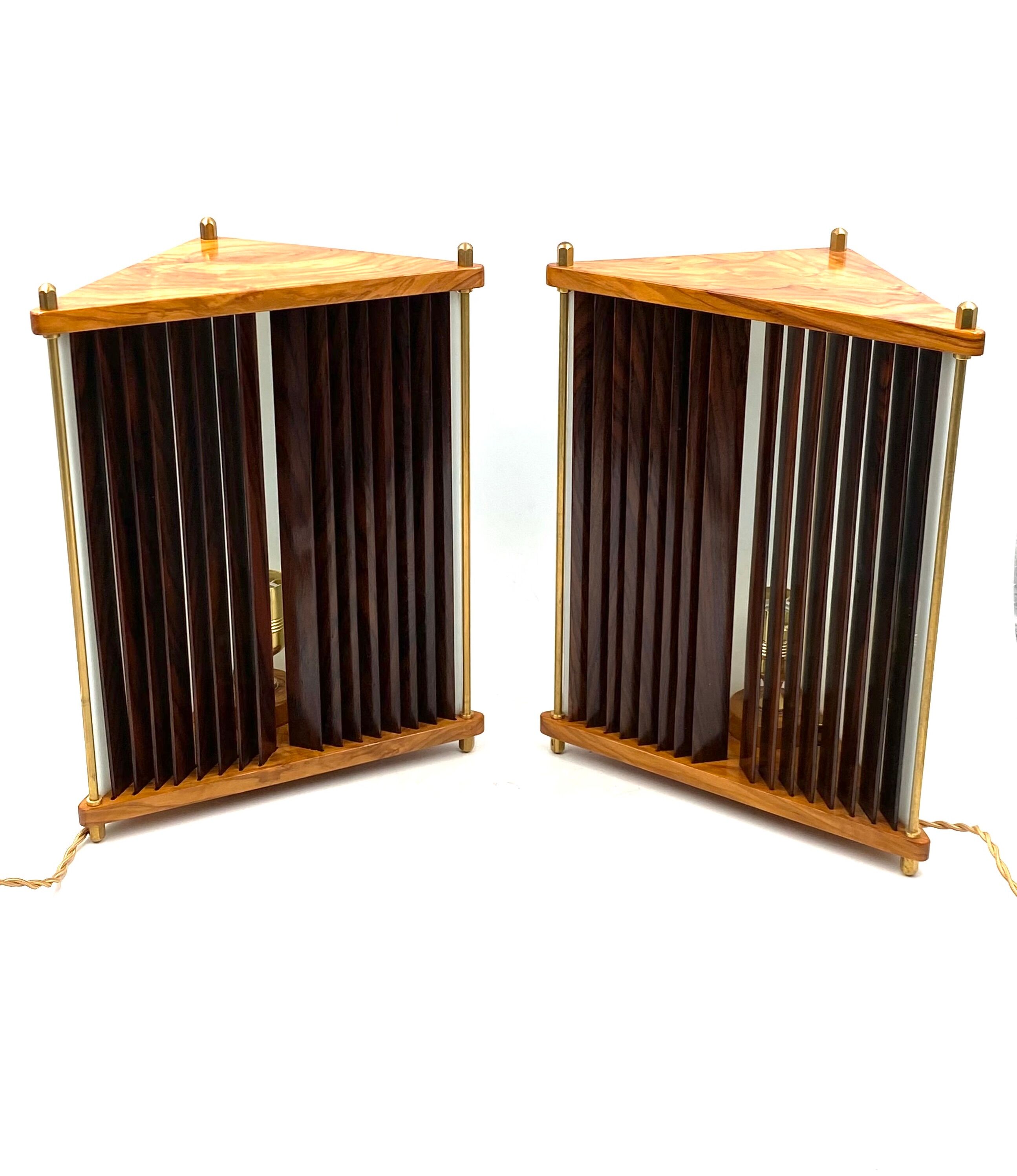 Leonardo Mosso 2 palisander and brass table lamps, Italy 1970s