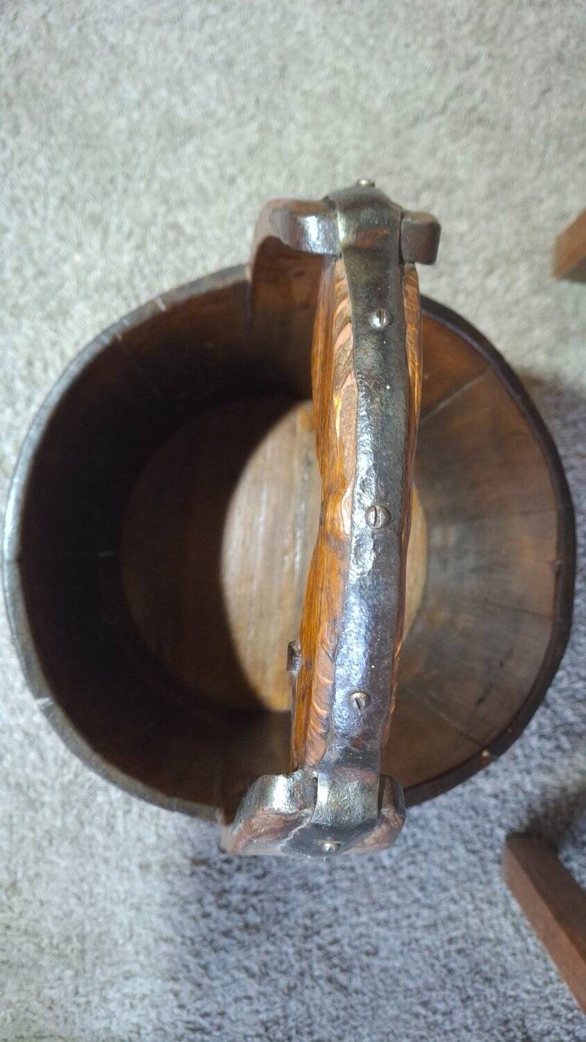 Old wooden well bucket with wrought iron bands – Late 19th century
