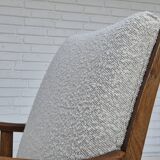 1950s, Scandinavian design, reupholstered armchair, white/light gray fabric, oak.
