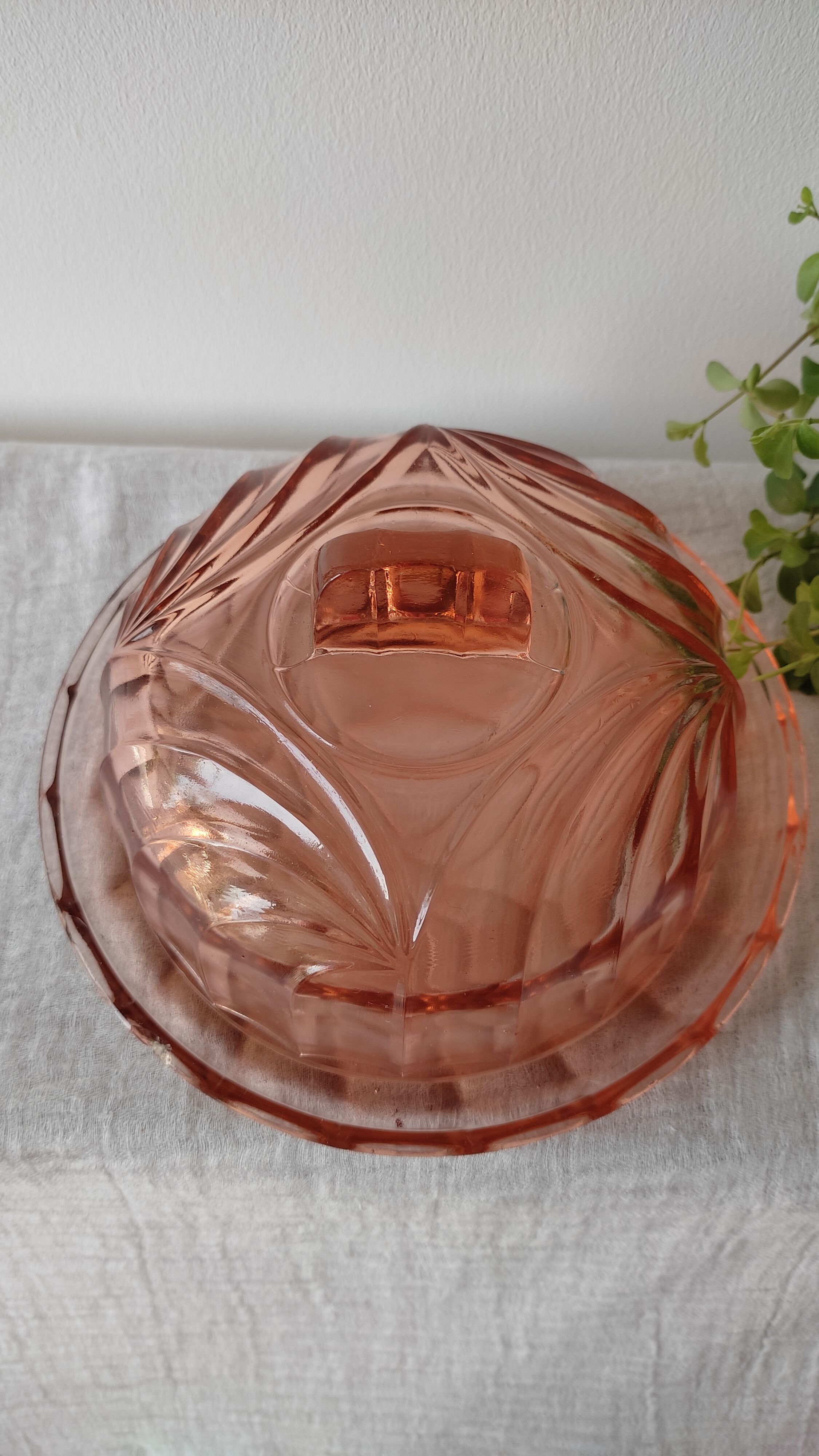 Old cheese or dessert bell and its pink art deco pressed glass tray
