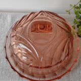 Old cheese or dessert bell and its pink art deco pressed glass tray
