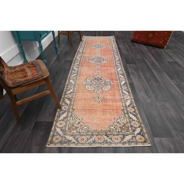 Vintage Turkish Oushak handmade wool cotton red runner rug 94x335