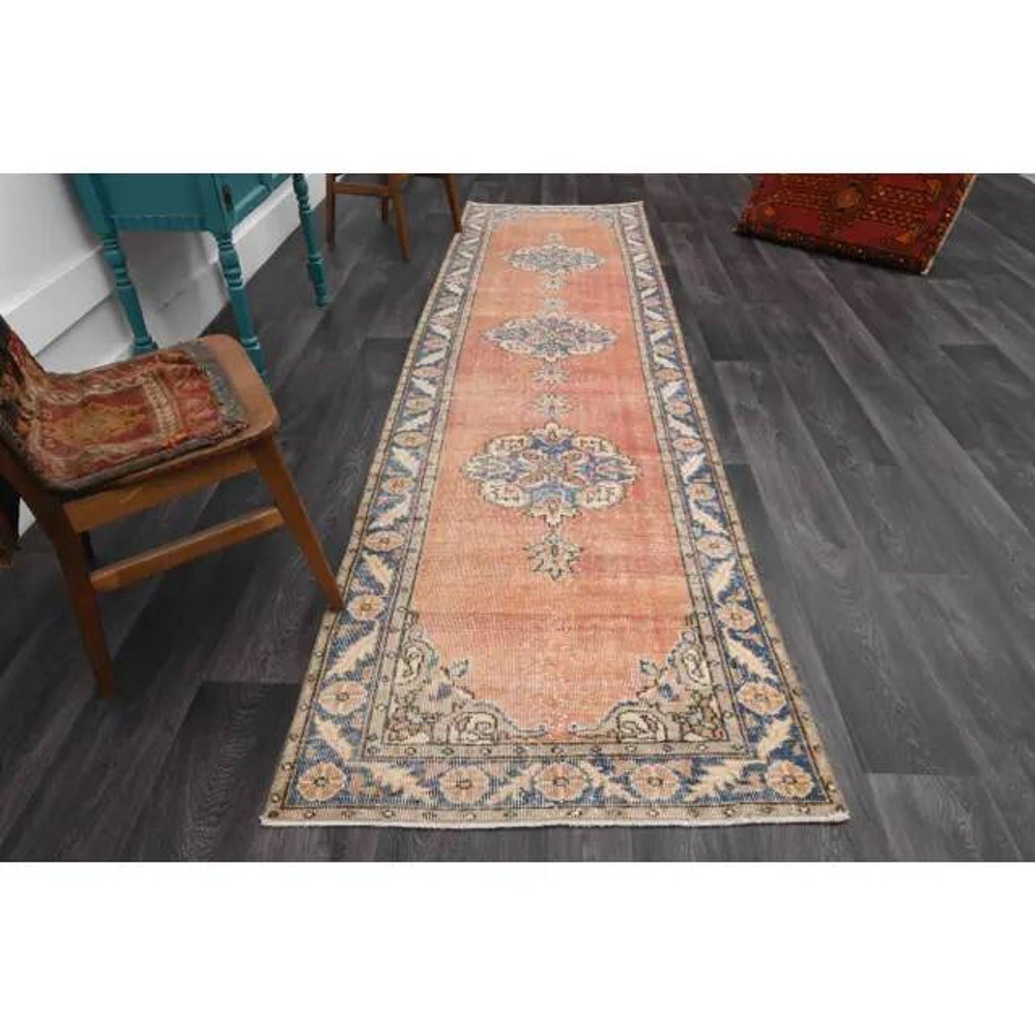 Vintage Turkish Oushak handmade wool cotton red runner rug 94x335