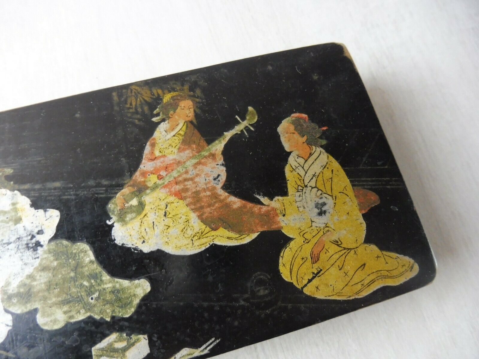 Old pen tray, Asian scene, in paper maché / boiled cardboard, Napoleon III