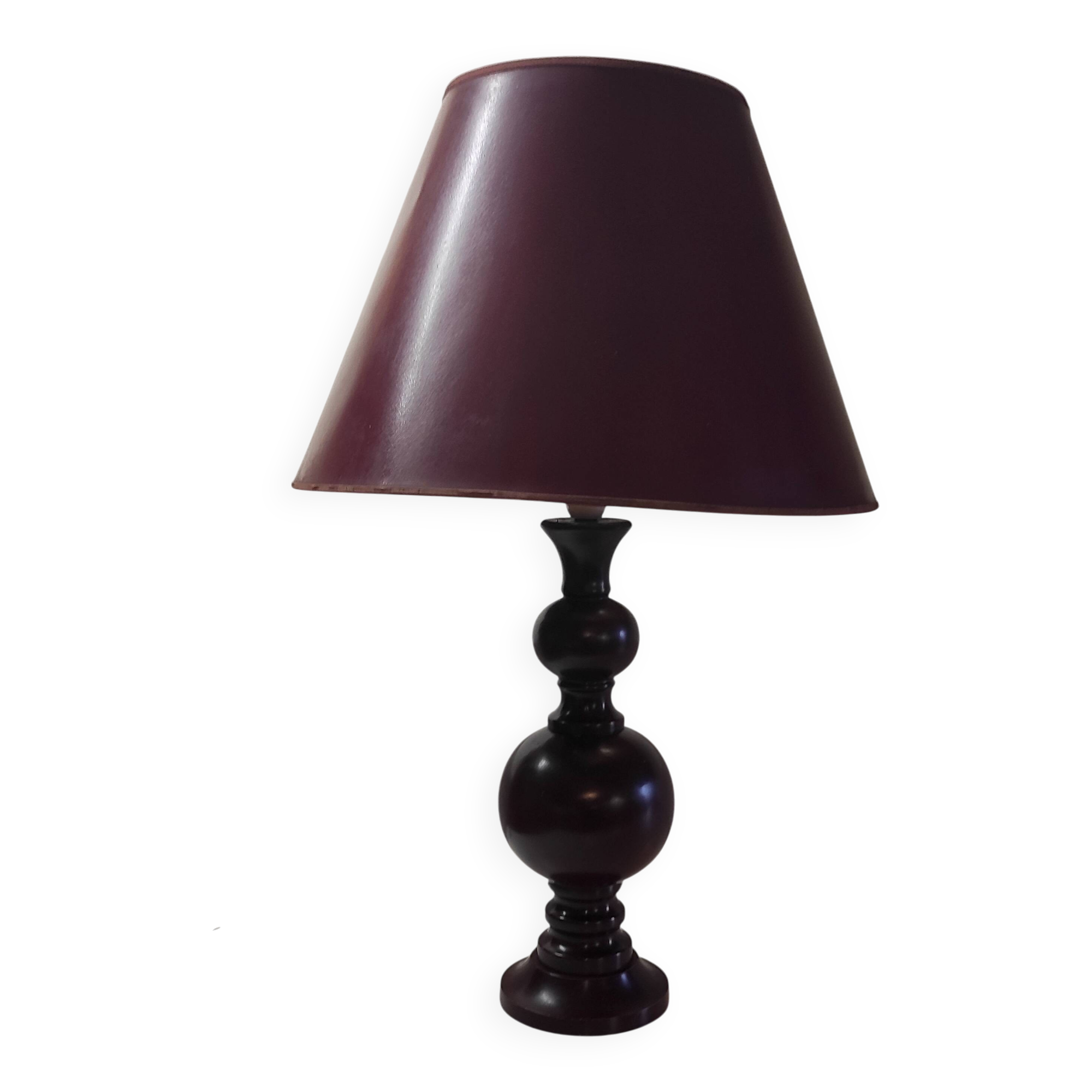Turned wood table lamp in plum color - 1970s
