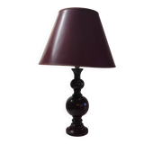 Turned wood table lamp in plum color - 1970s