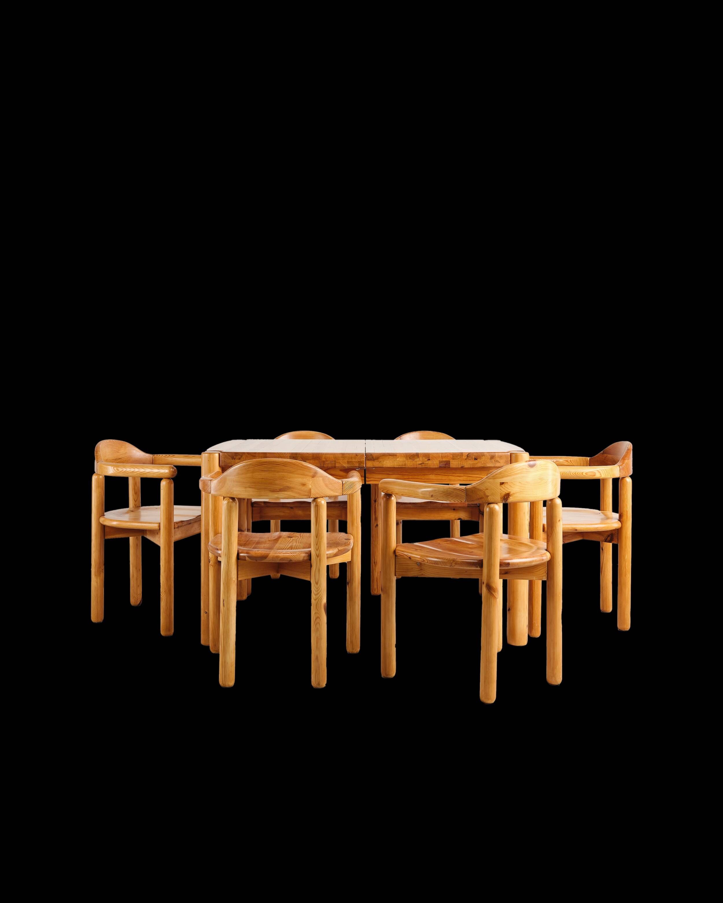Brutalist table and 6 chairs, Rainer Daumiller, Denmark, 1970s.