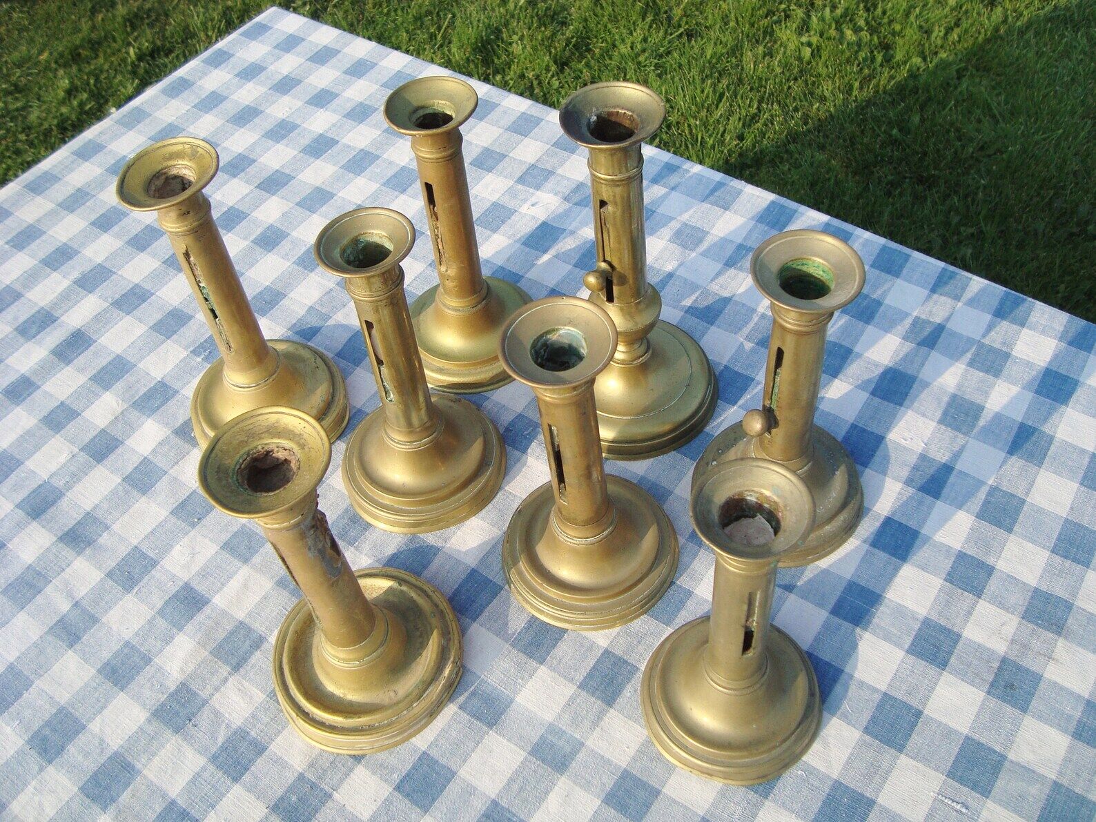 Set of 8 antique brass chandeliers