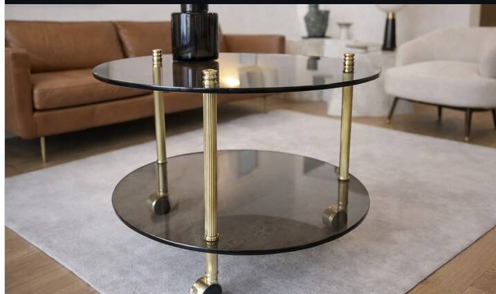 Table desserte laiton et verre-roulettes — style Art Déco