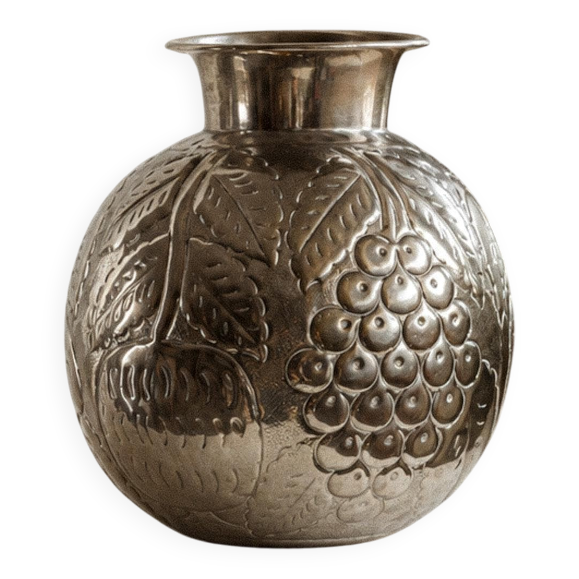 Vintage Italian vase in nickel-plated brass from the 1960s, hand-hammered relief of fruits and leaves.