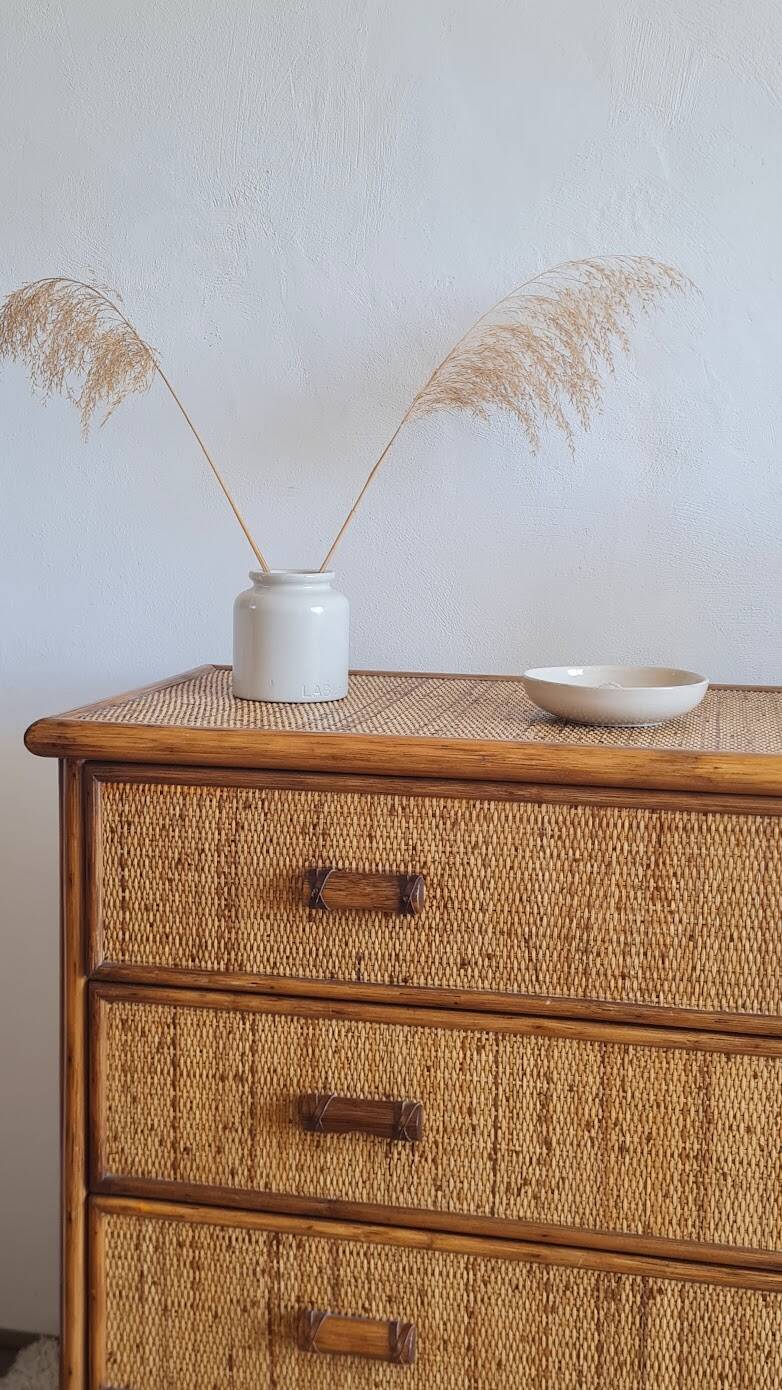 Vintage rattan chest of drawers from the 1970s.