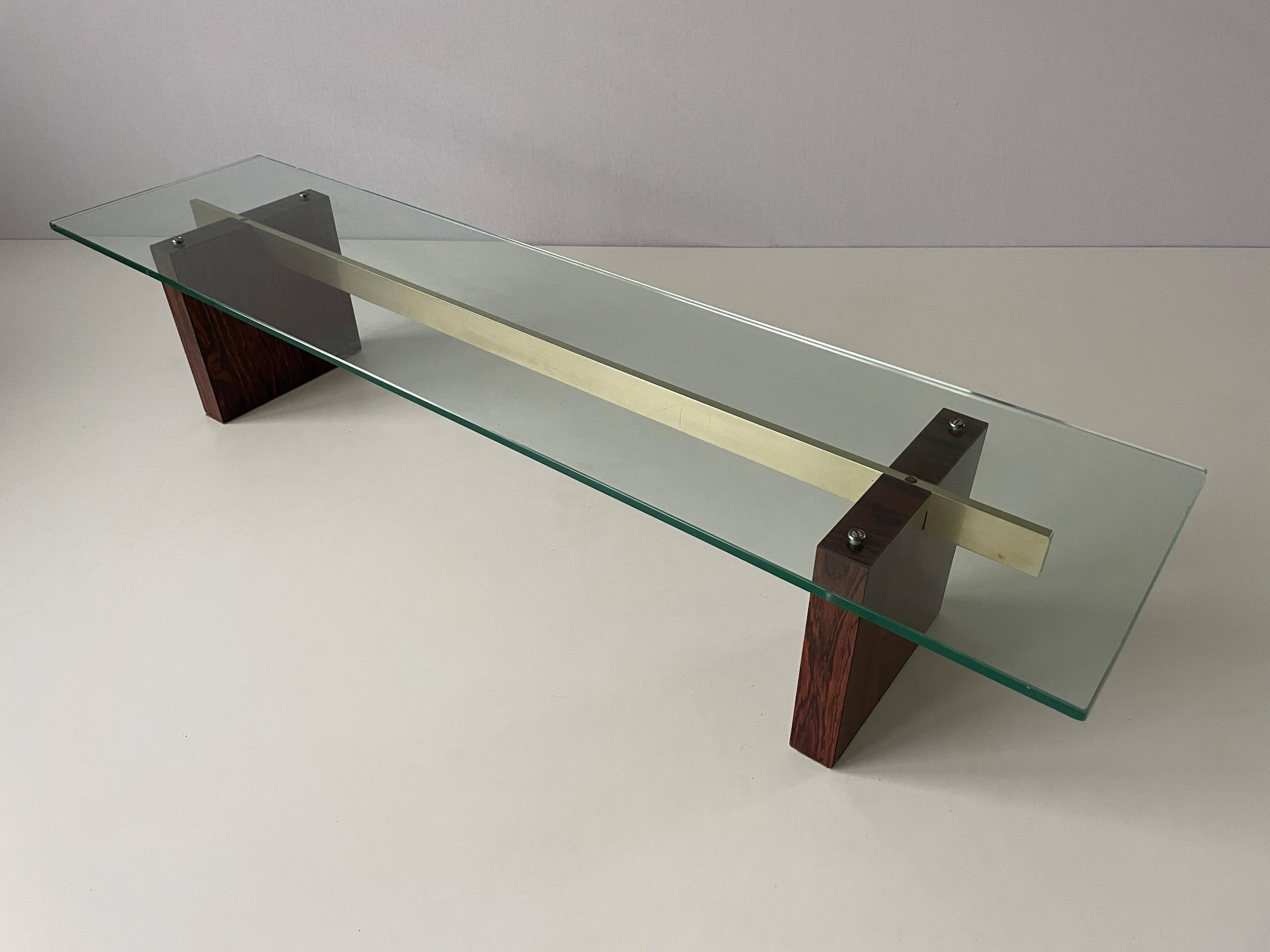 Mid-century minimalist thick glass coffee table, rosewood legs, 1960, Germany.