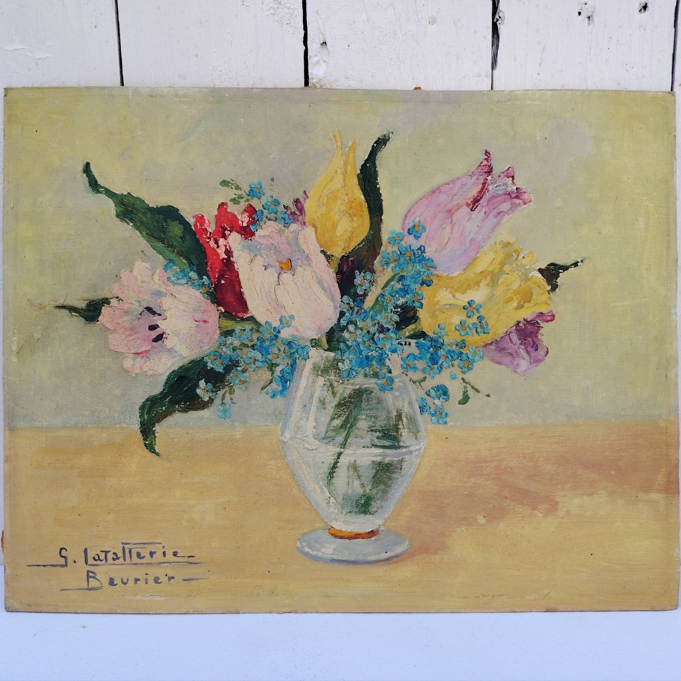 Oil on cardboard Tulips and Forget-me-nots Latallerie-beurier