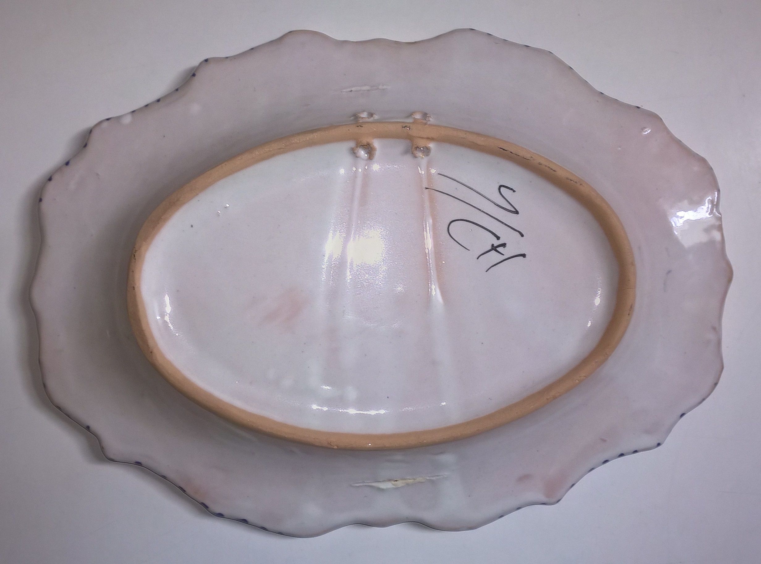 Old oval wall plate handmade and signed vintage floral decor