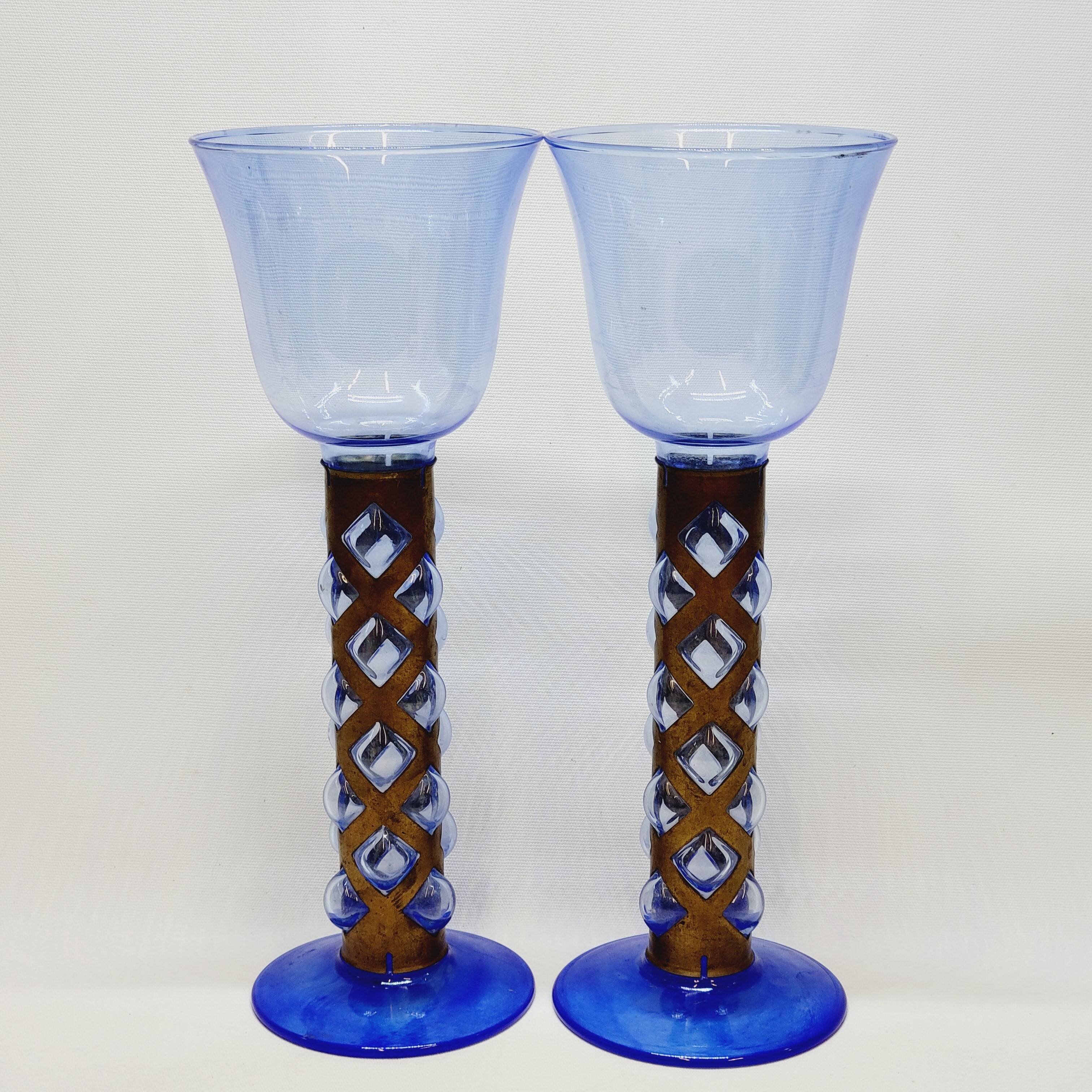 Pair Of Blue Glass Tealight Holders Blown In Cage Dlg Felipe Derflingher
