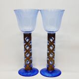 Paire De Bougeoirs Photophores Verre Bleu Soufflé En Cage Dlg Felipe Derflingher