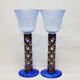 Paire De Bougeoirs Photophores Verre Bleu Soufflé En Cage Dlg Felipe Derflingher