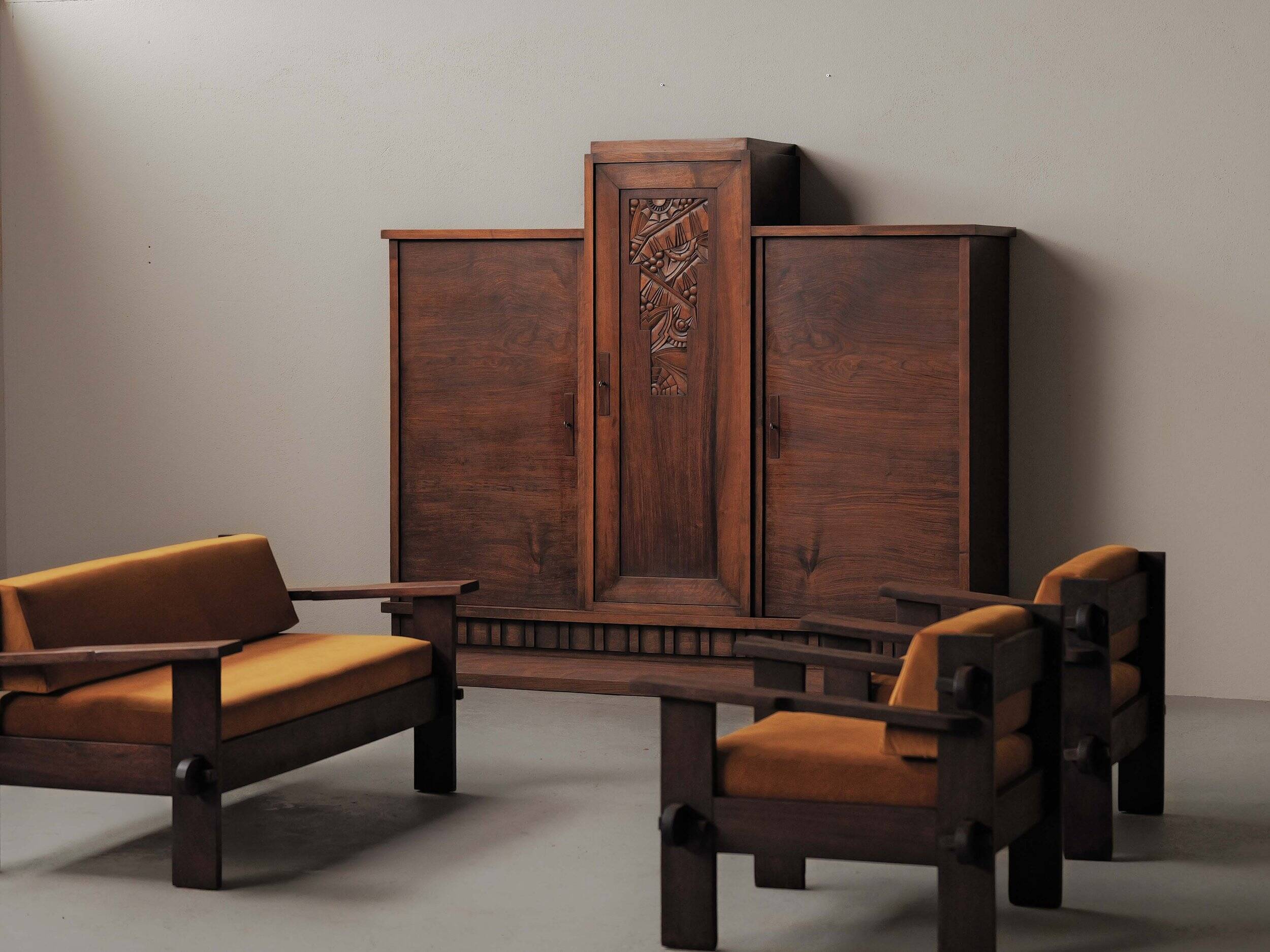 Pair of architect's armchairs in solid wood, France, circa 1970.