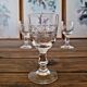Vintage engraved glass liqueur glasses (digestif), geometric design.