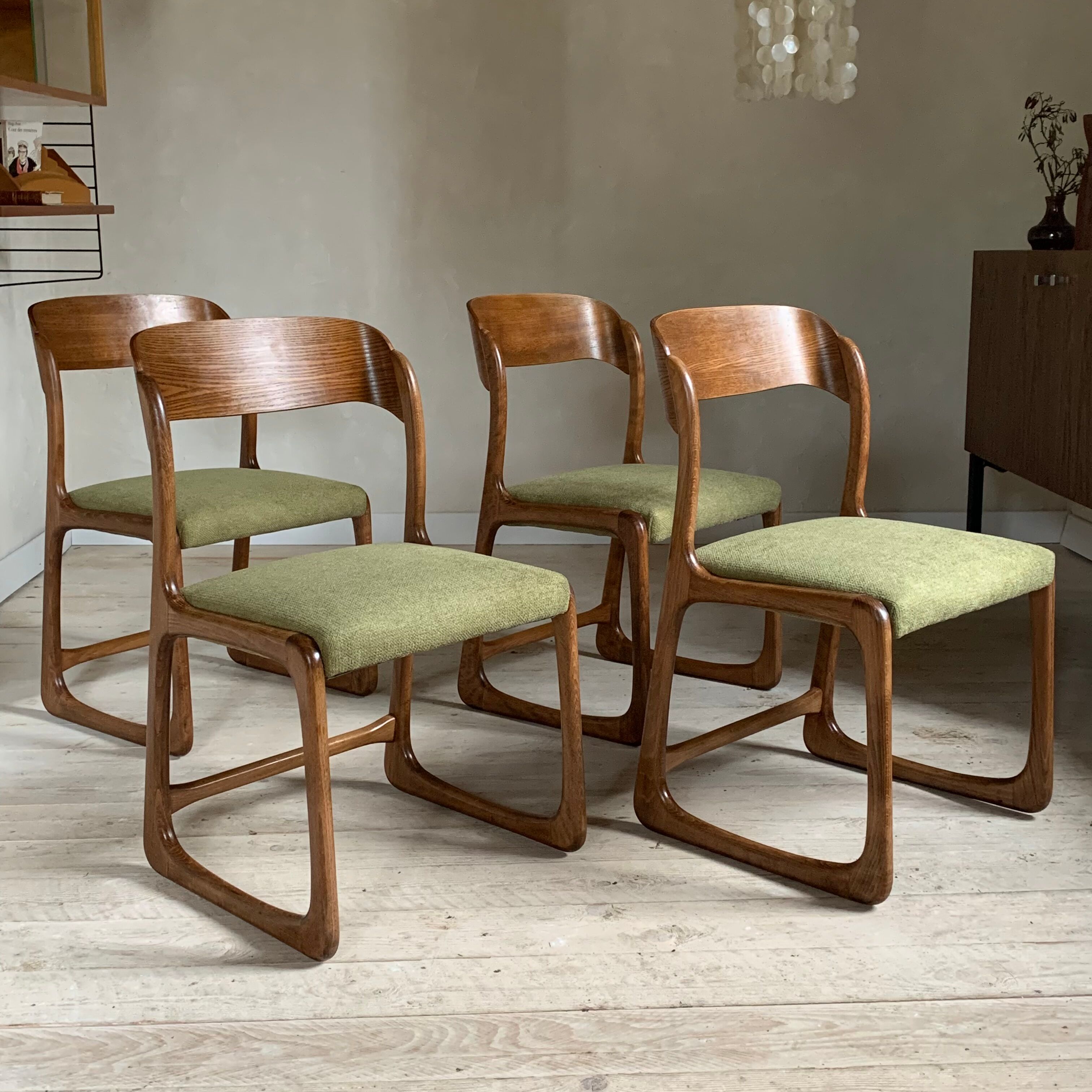 Baumann vintage sled chairs in ash and linden green velvet fabric - set of 4