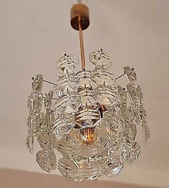 Kinkeldey brass and faceted glass 3-level chandelier, 1960s