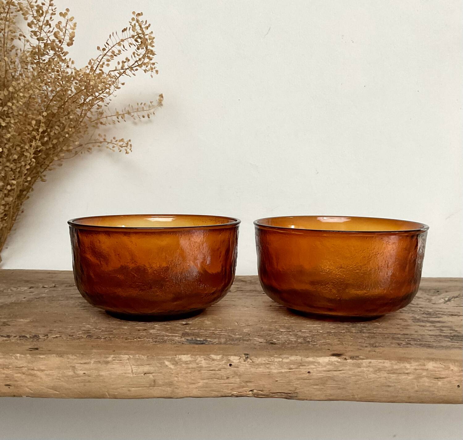 4 amber textured glass bowls