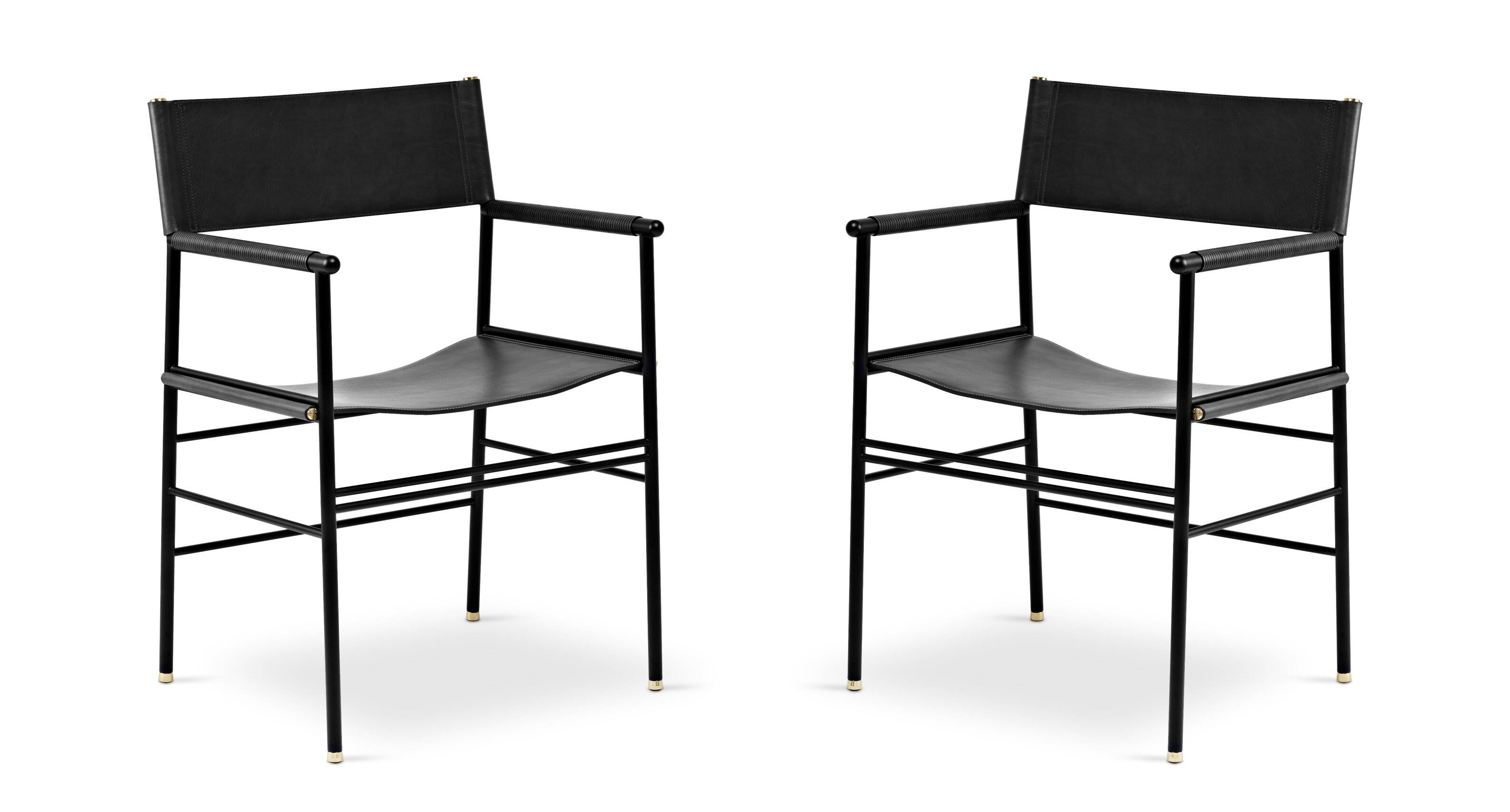 Pair of black leather and black metal bar stools