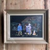 Watercolor on paper representing a peasant family in the rain