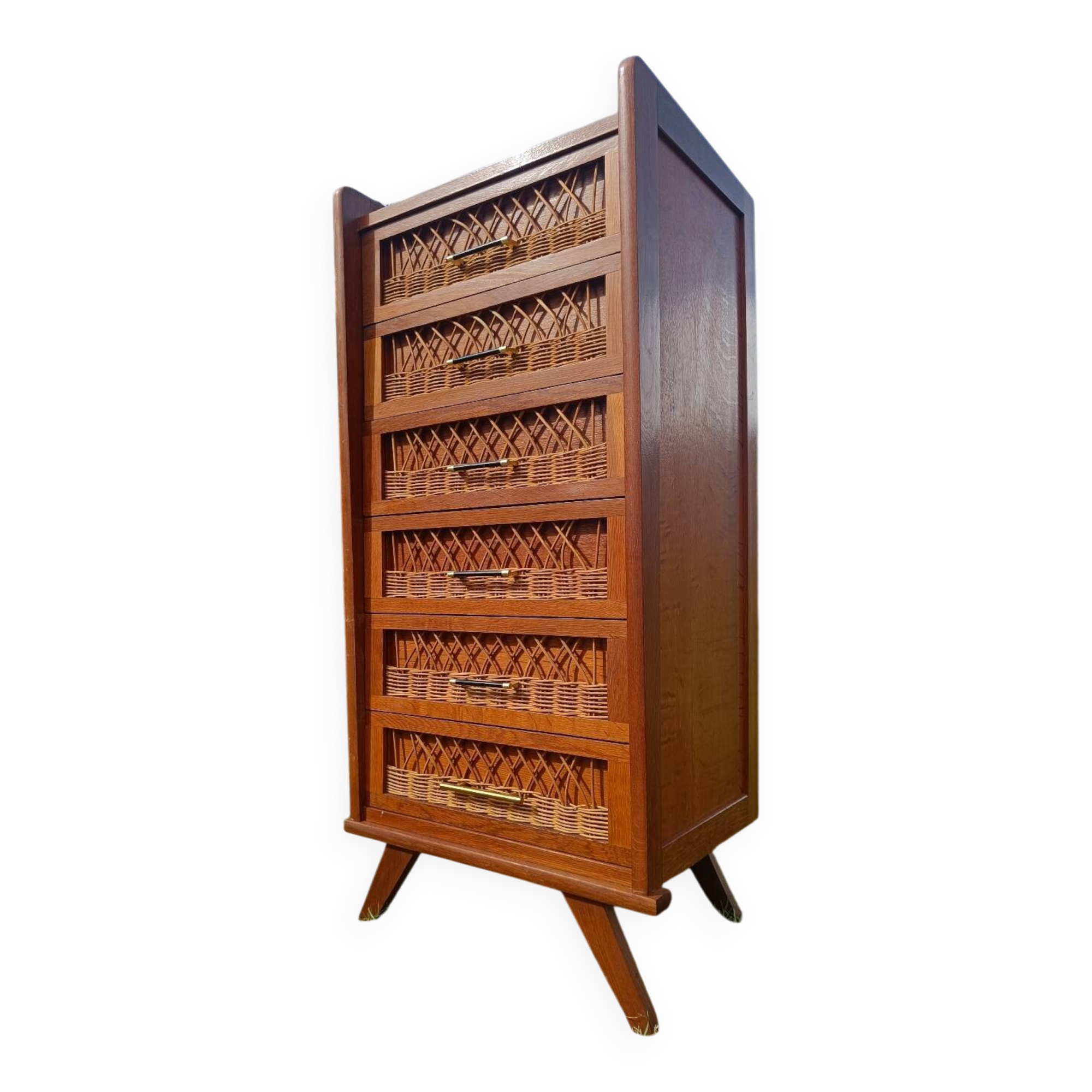 Tall chest of drawers in wood and rattan with splayed legs