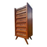 Tall chest of drawers in wood and rattan with splayed legs