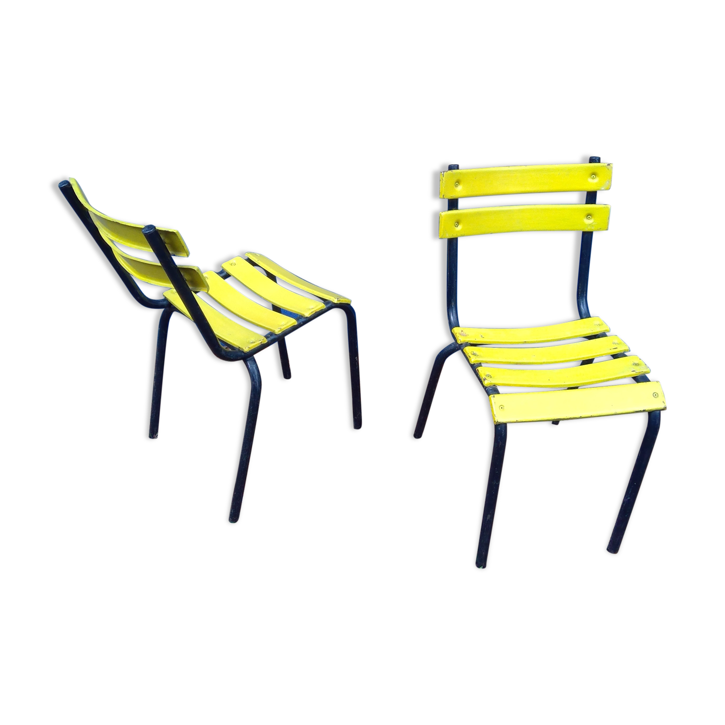Pair of outdoor bistro chairs in vintage yellow metal