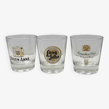 3 Verres à Whisky vintage Canadian Club, Long John et Queen Anne