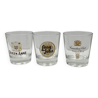 3 Vintage Canadian Club Whiskey Glasses, Long John and Queen Anne