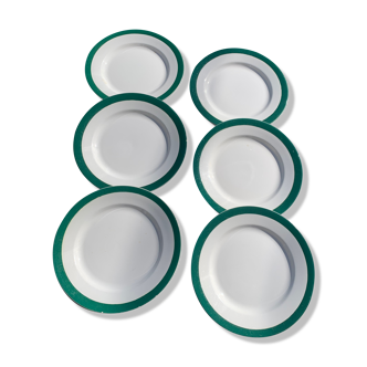 6 flat antique earthenware plates with dark green edging Digoin sarreguemines old france