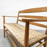 French vintage beech rush bench sofa 'Wabi Sabi style'