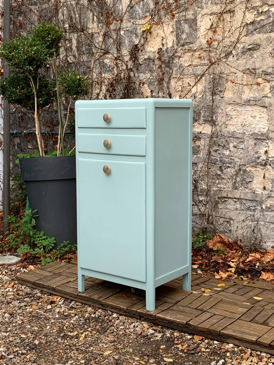 Vintage gray green bathroom chest of drawers